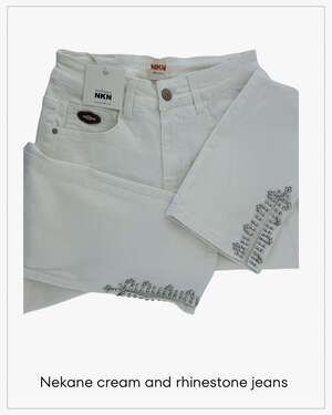NKN Nekane Cream Embellished Rhinestone Hem Denim Jeans